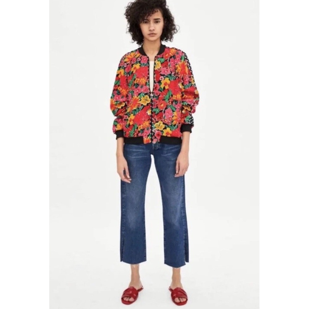 Zara TRF Women's Black Multicolor Floral Polka Dot Bomber Zip Jacket Bloomcore